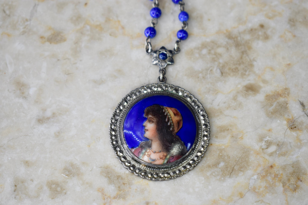 Antique Egyptian Enamel Portrait Necklace Silver with Cut Steel