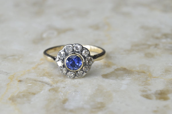 Antique 14k Gold Sapphire and Old Mine Cut Diamond Halo Ring