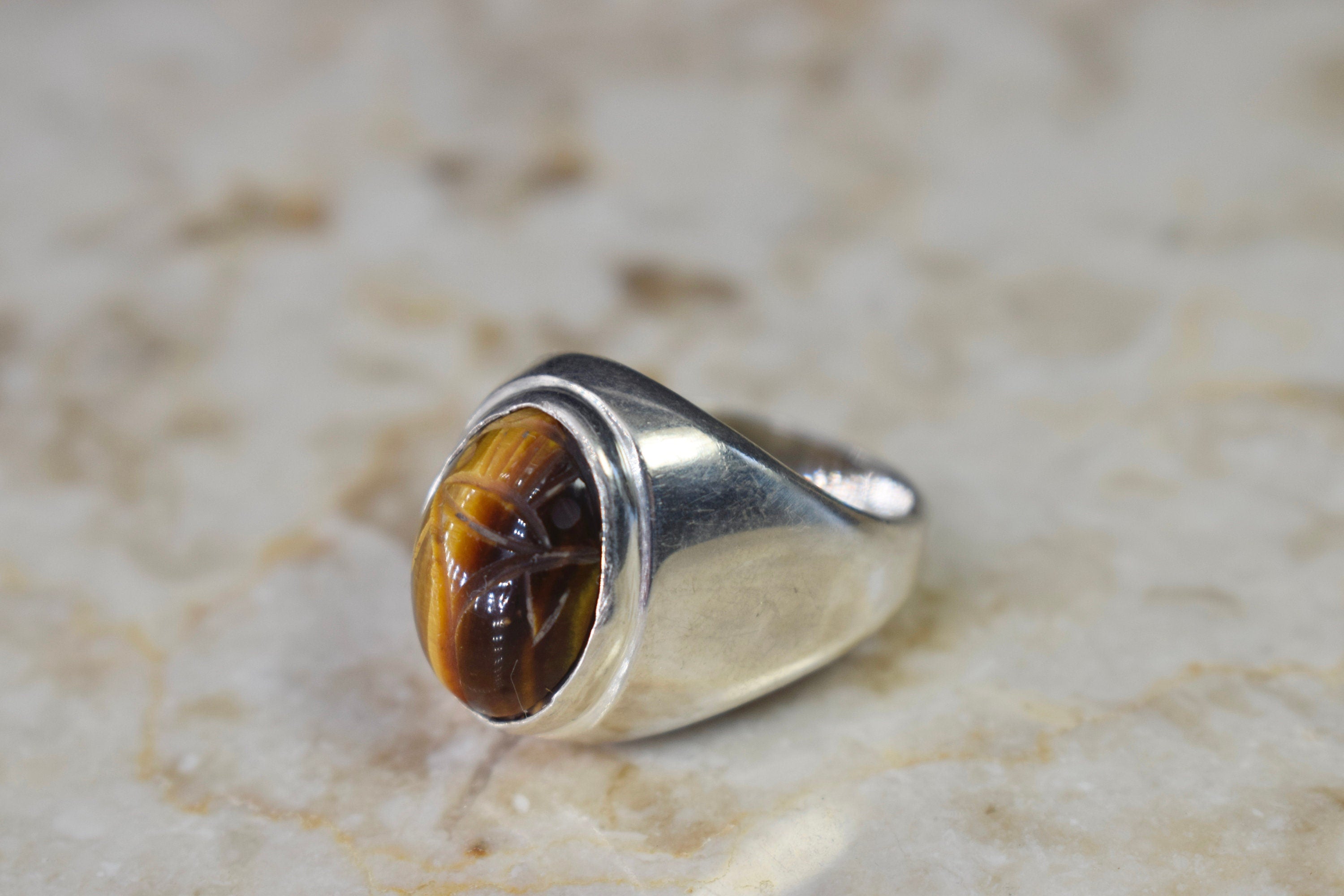 Vintage Sterling Silver Tigers Eye Scarab Ring