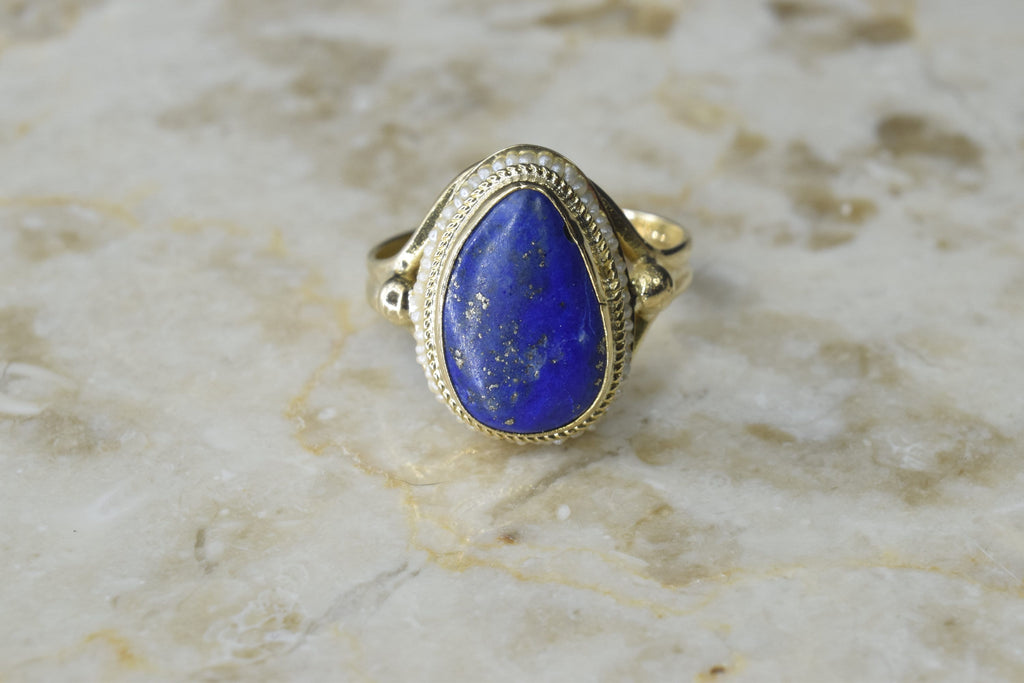 Vintage 14k Gold Lapis Lazuli Ring with Seed Pearls