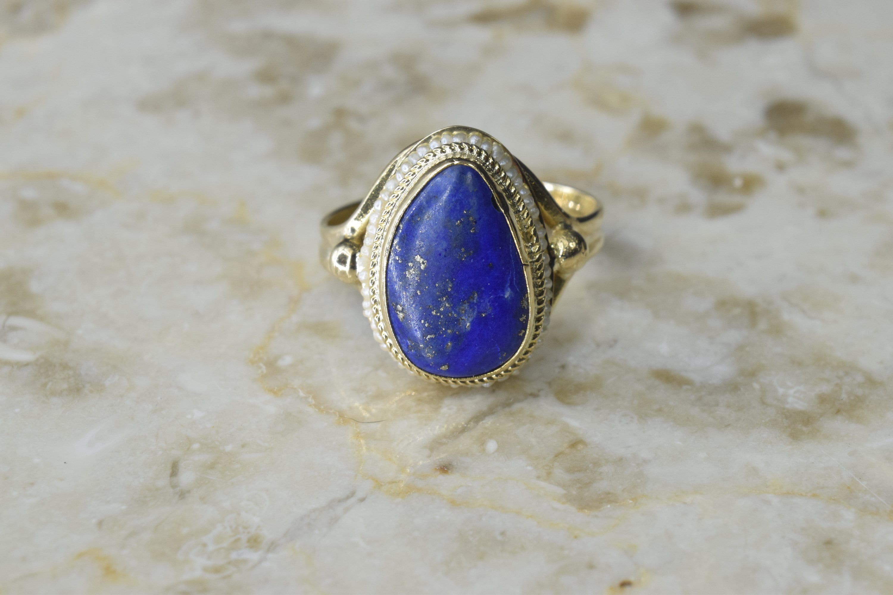 Vintage 14k Gold Lapis Lazuli Ring with Seed Pearls