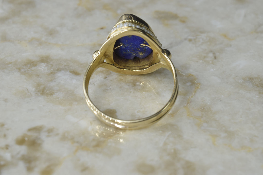 Vintage 14k Gold Lapis Lazuli Ring with Seed Pearls