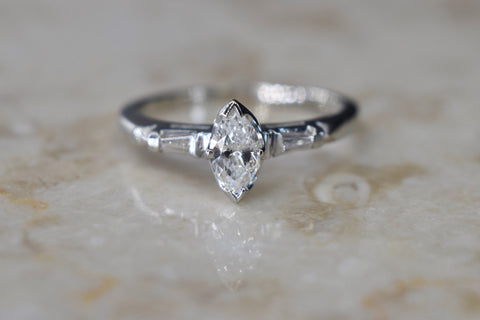 Vintage 18k White Gold Mid-Century Marquise Cut Diamond Ring