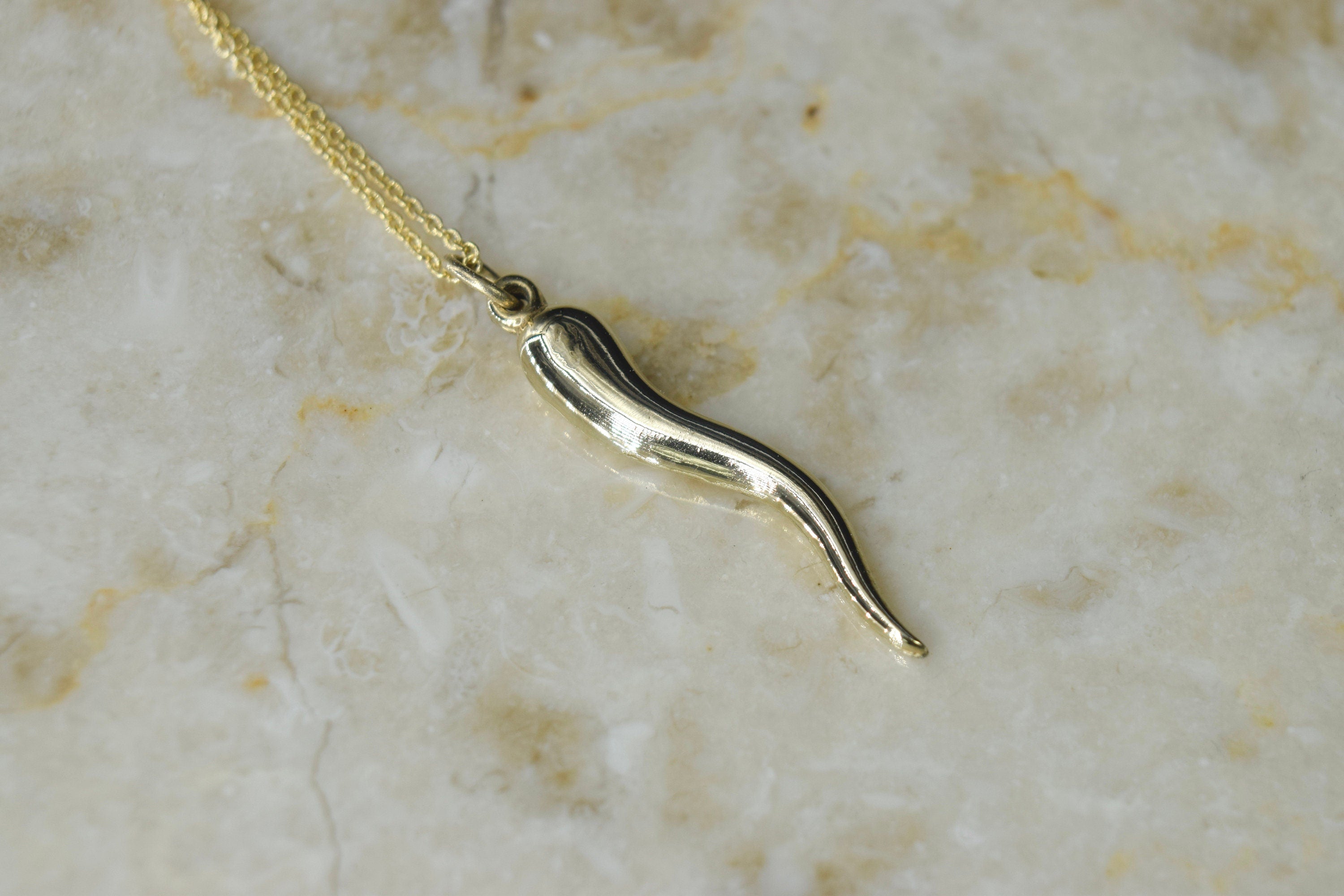 Vintage 14k Gold Italian Horn Cornicello Charm Necklace