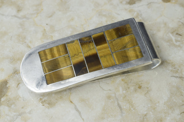 Vintage Mexicans Silver Money Clip with Tigers Eye Stones
