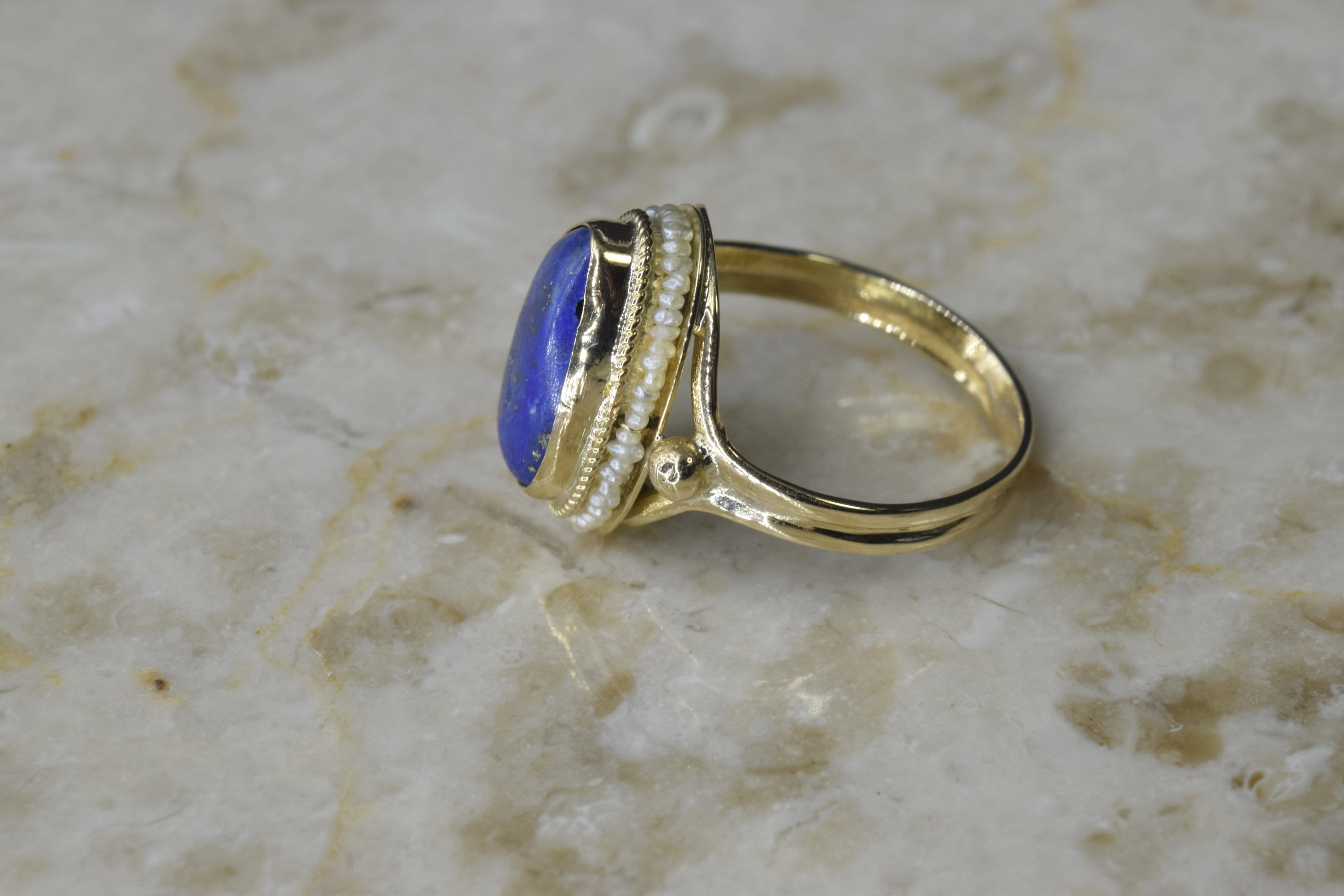 Vintage 14k Gold Lapis Lazuli Ring with Seed Pearls