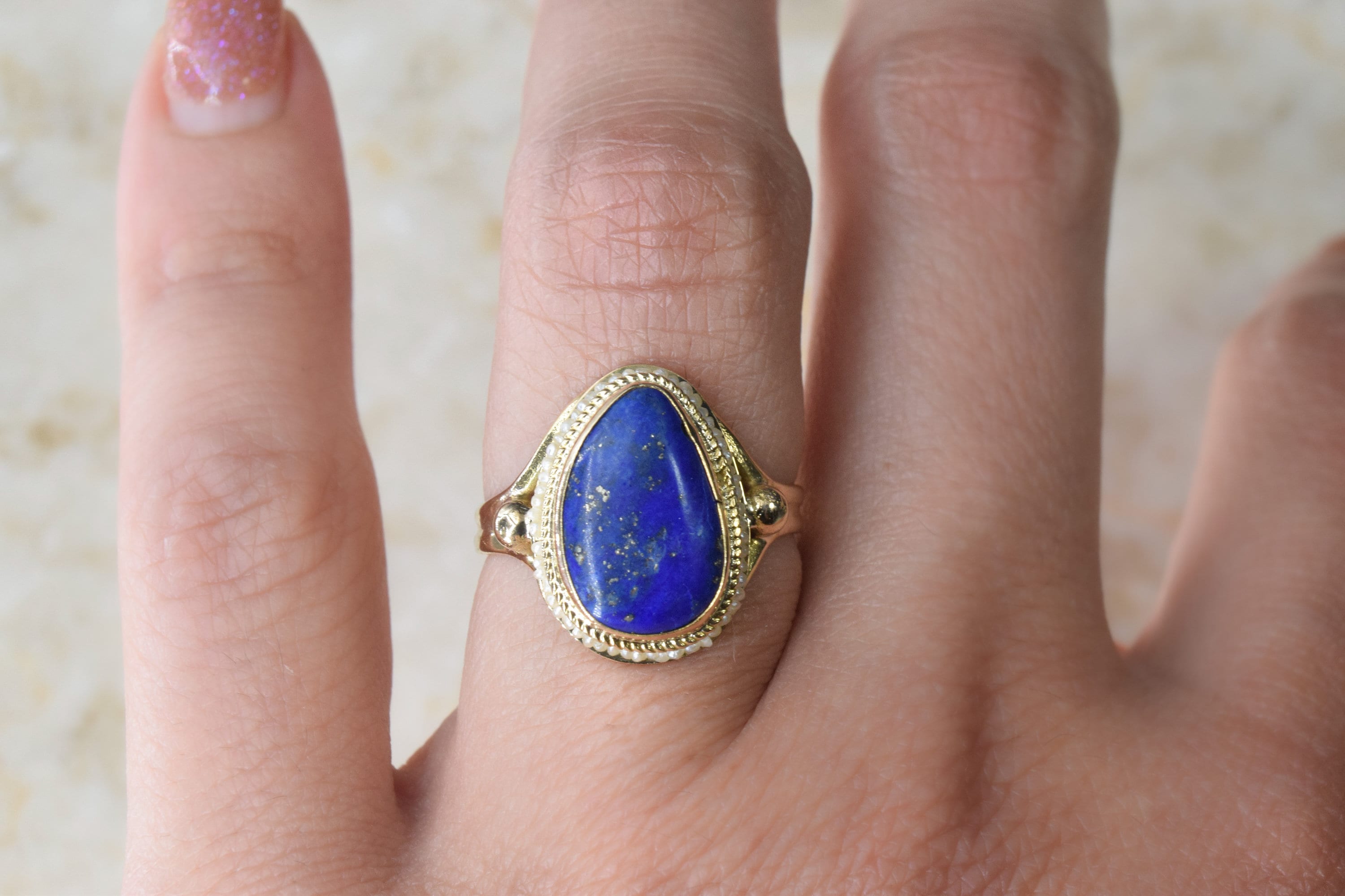 Vintage 14k Gold Lapis Lazuli Ring with Seed Pearls