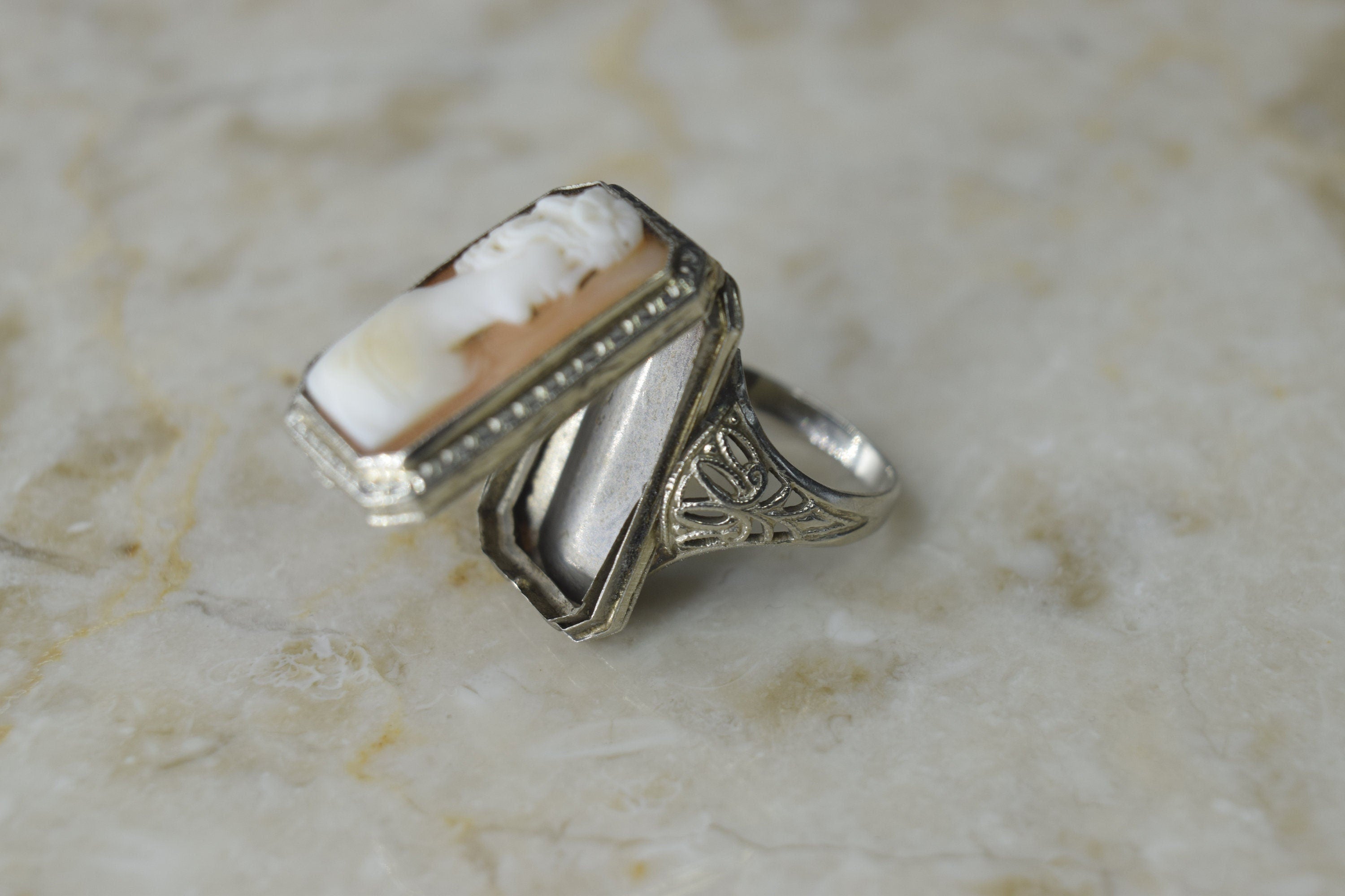 Antique 14K Art Deco Cameo Ring with Locket Compartment