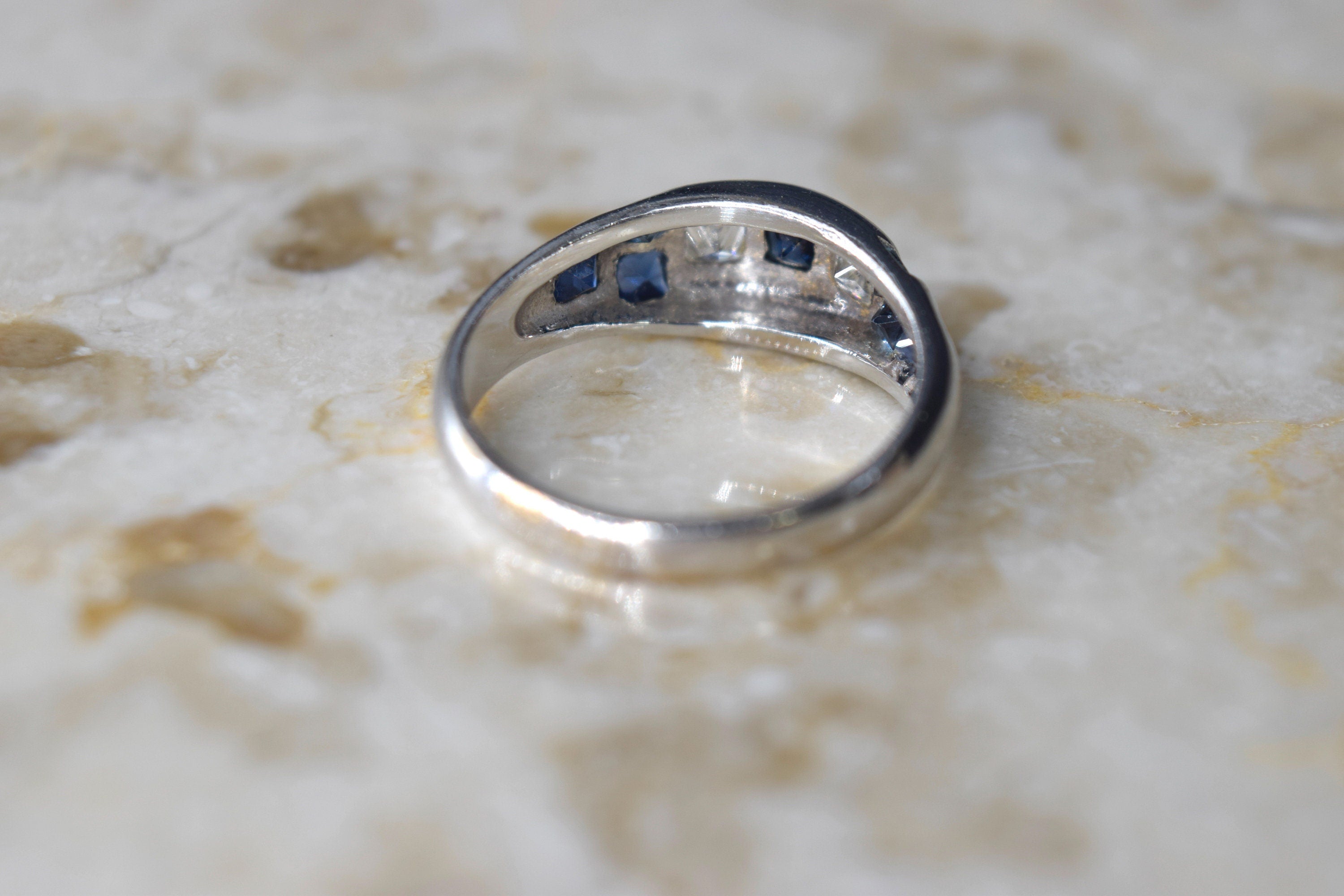 Vintage 14k White Gold Ring with Princess Cut Diamonds and Sapphire