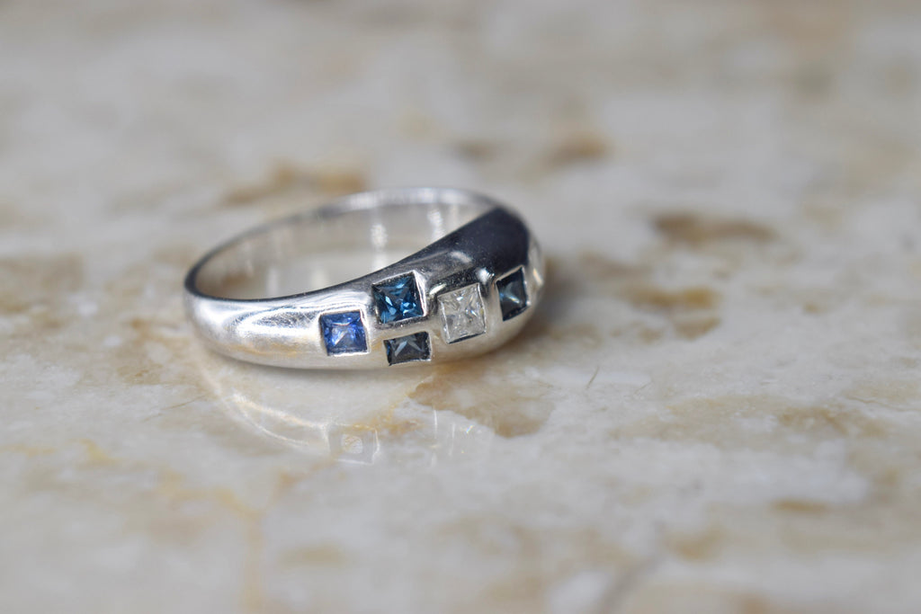 Vintage 14k White Gold Ring with Princess Cut Diamonds and Sapphire