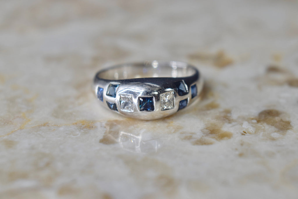 Vintage 14k White Gold Ring with Princess Cut Diamonds and Sapphire