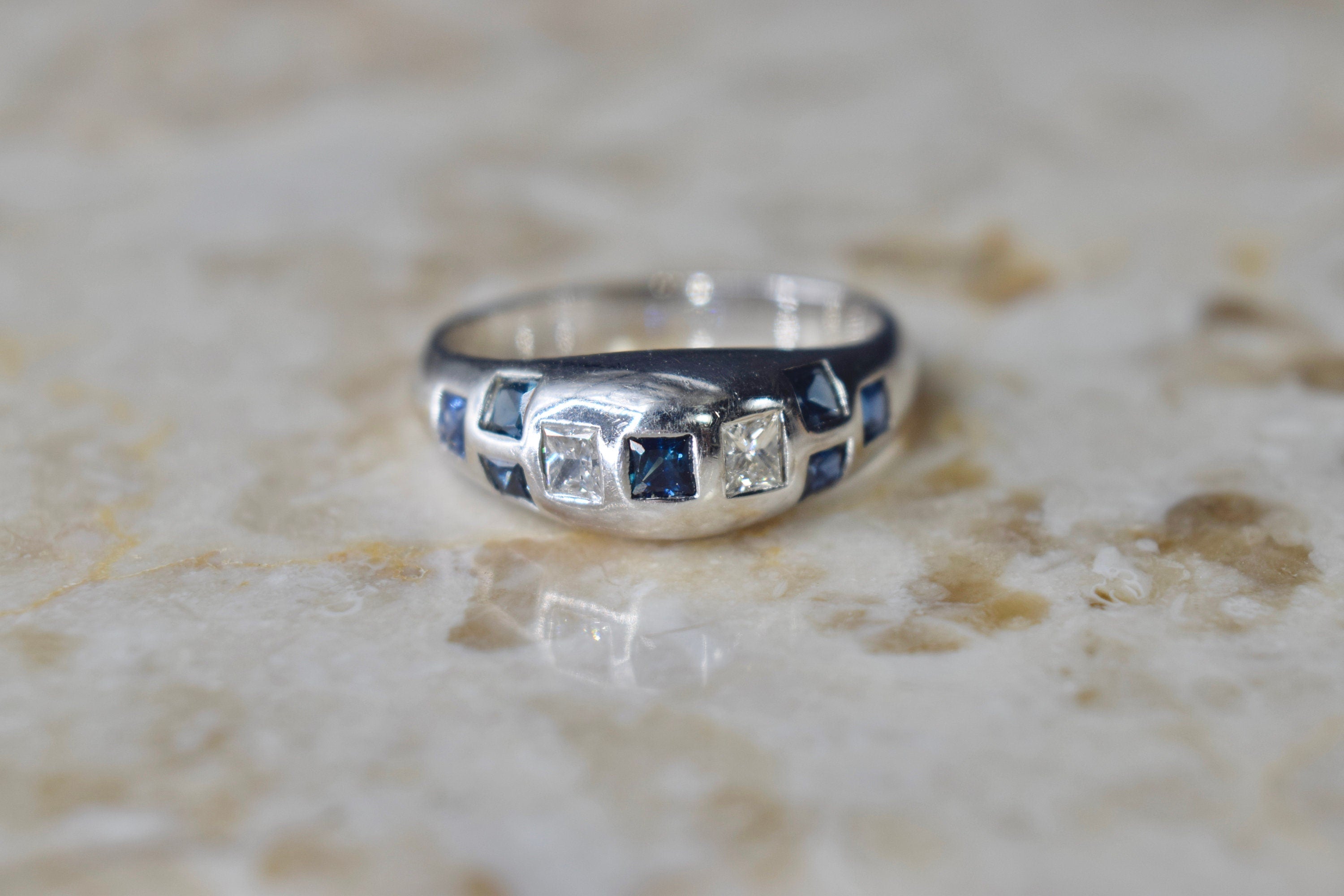 Vintage 14k White Gold Ring with Princess Cut Diamonds and Sapphire