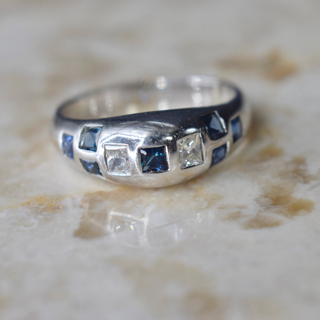 Vintage 14k White Gold Ring with Princess Cut Diamonds and Sapphire