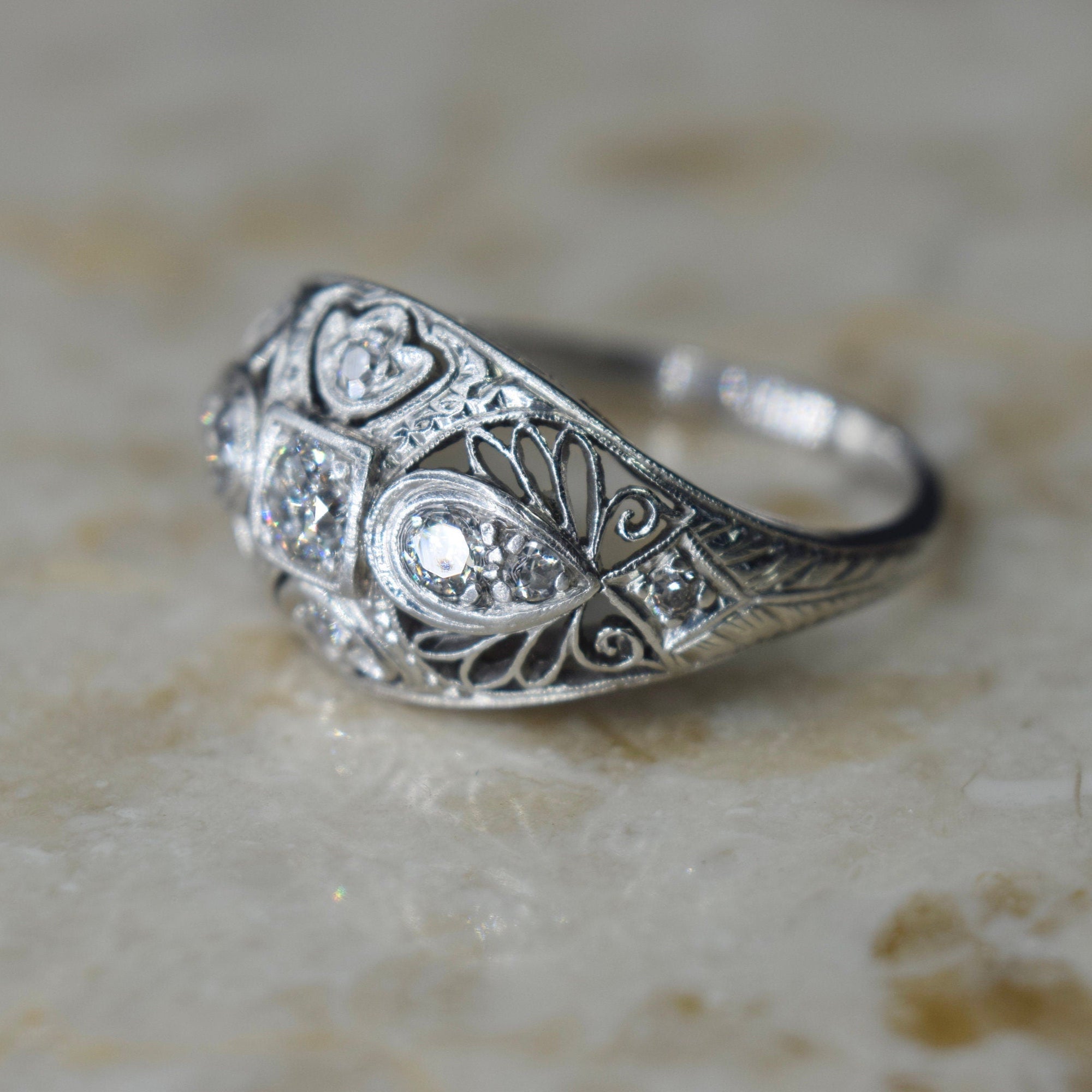 Antique Edwardian Platinum and Old European Cut Diamond Filigree Ring c.1910