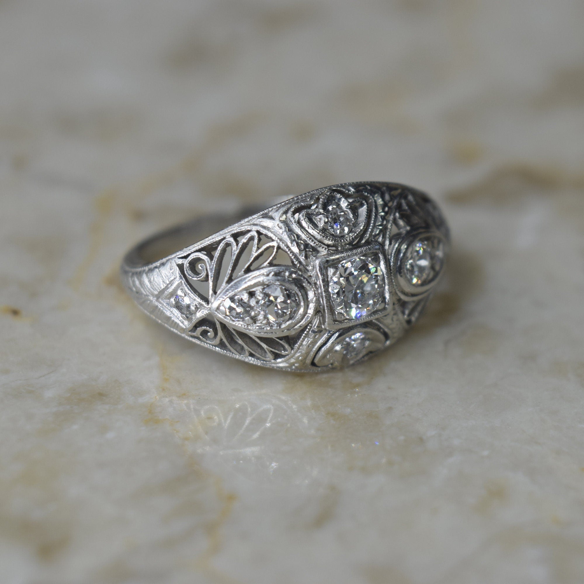 Antique Edwardian Platinum and Old European Cut Diamond Filigree Ring c.1910