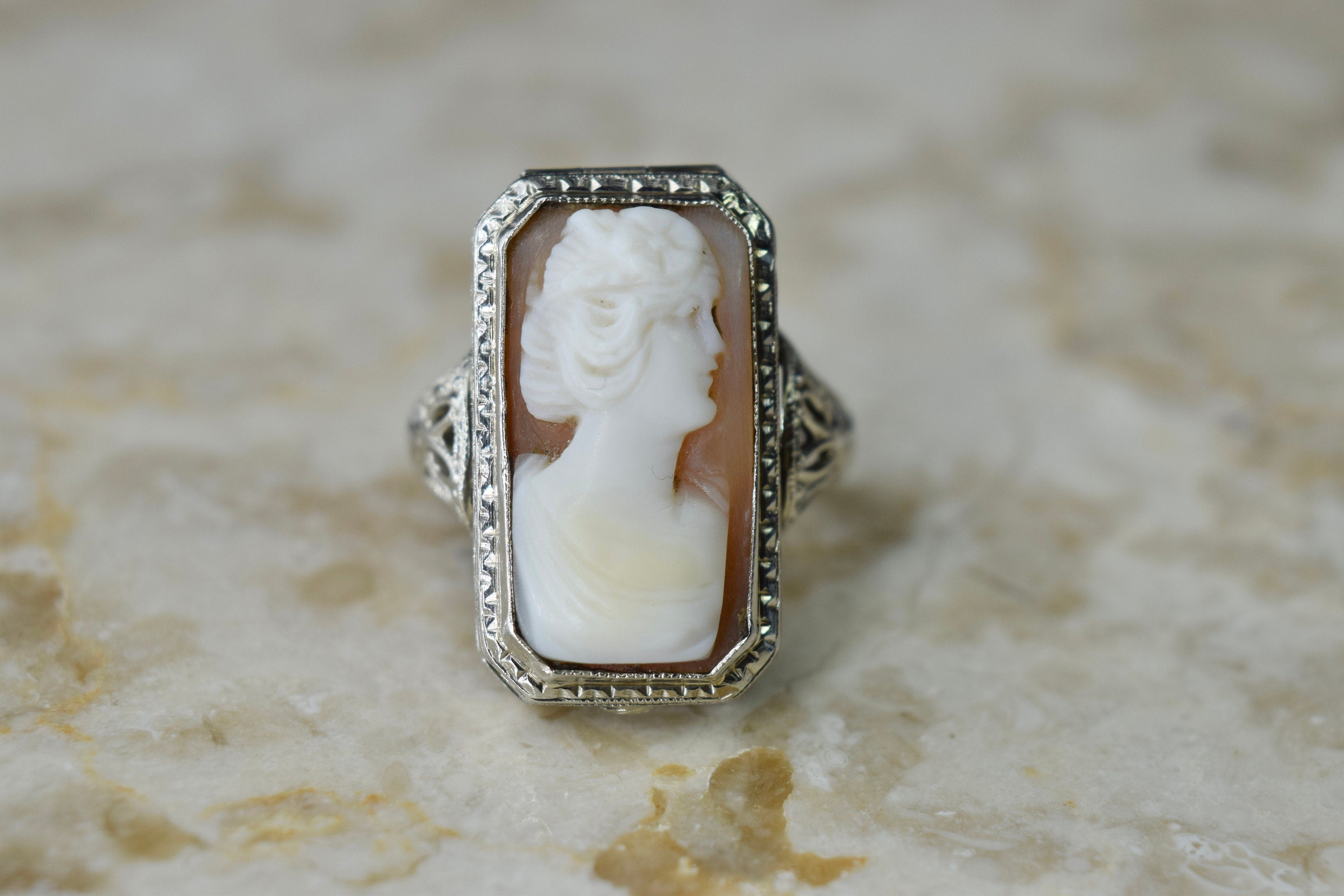 Antique 14K Art Deco Cameo Ring with Locket Compartment