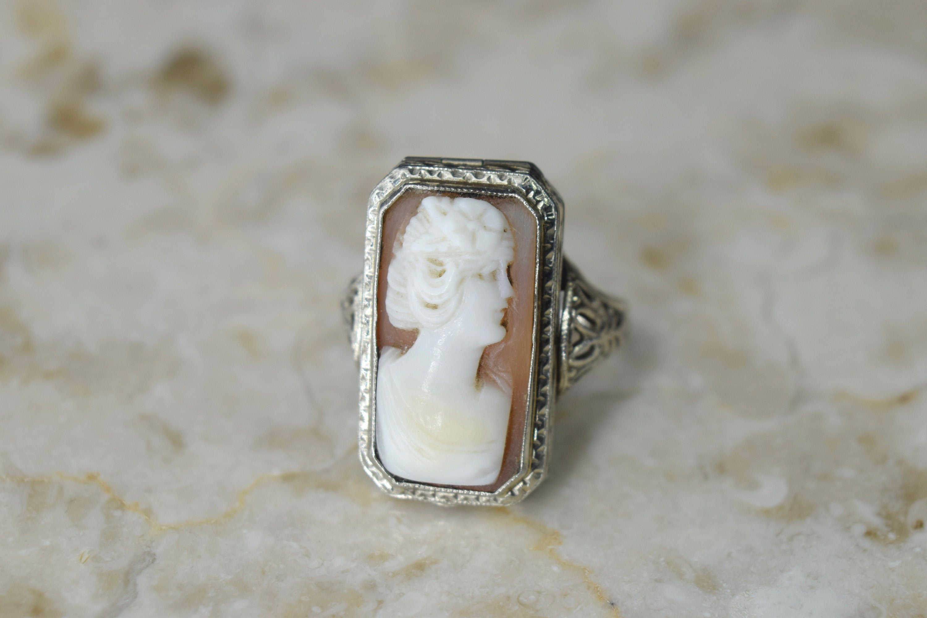 Antique 14K Art Deco Cameo Ring with Locket Compartment