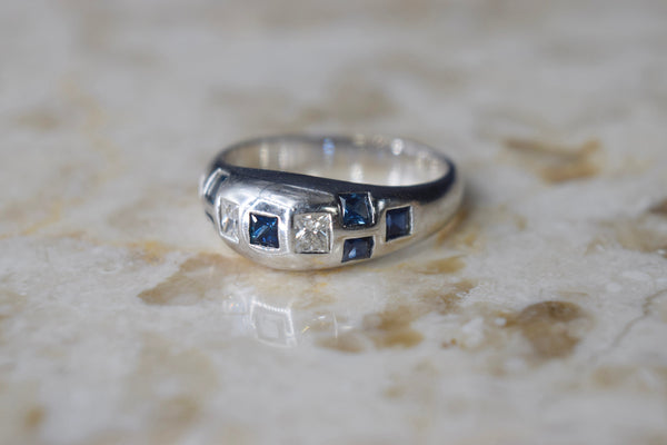 Vintage 14k White Gold Ring with Princess Cut Diamonds and Sapphire