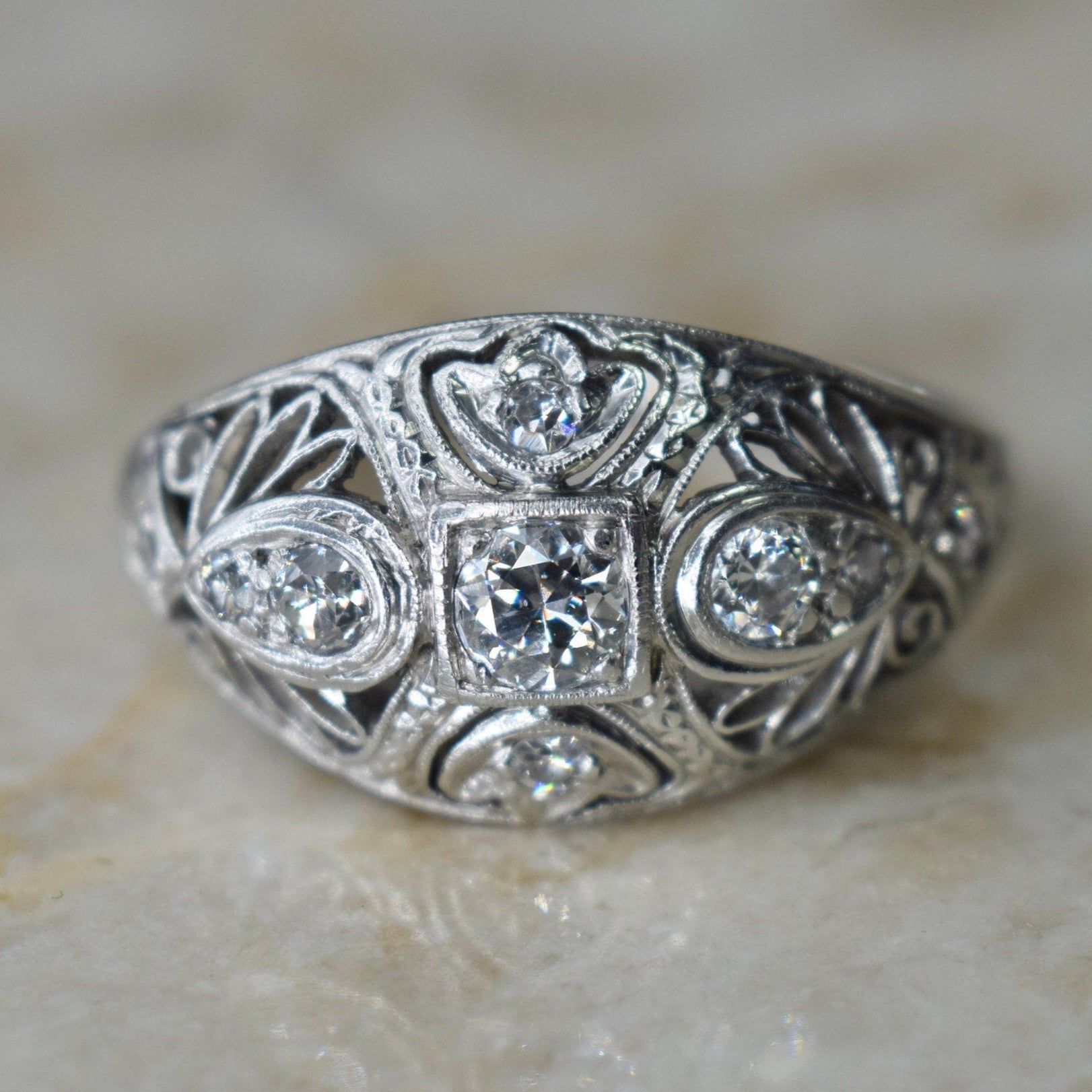 Antique Edwardian Platinum and Old European Cut Diamond Filigree Ring c.1910