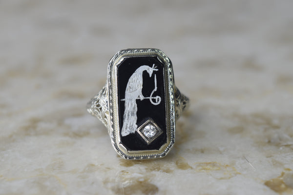 Antique Art Deco Peacock Ring 14k White Gold with Diamond
