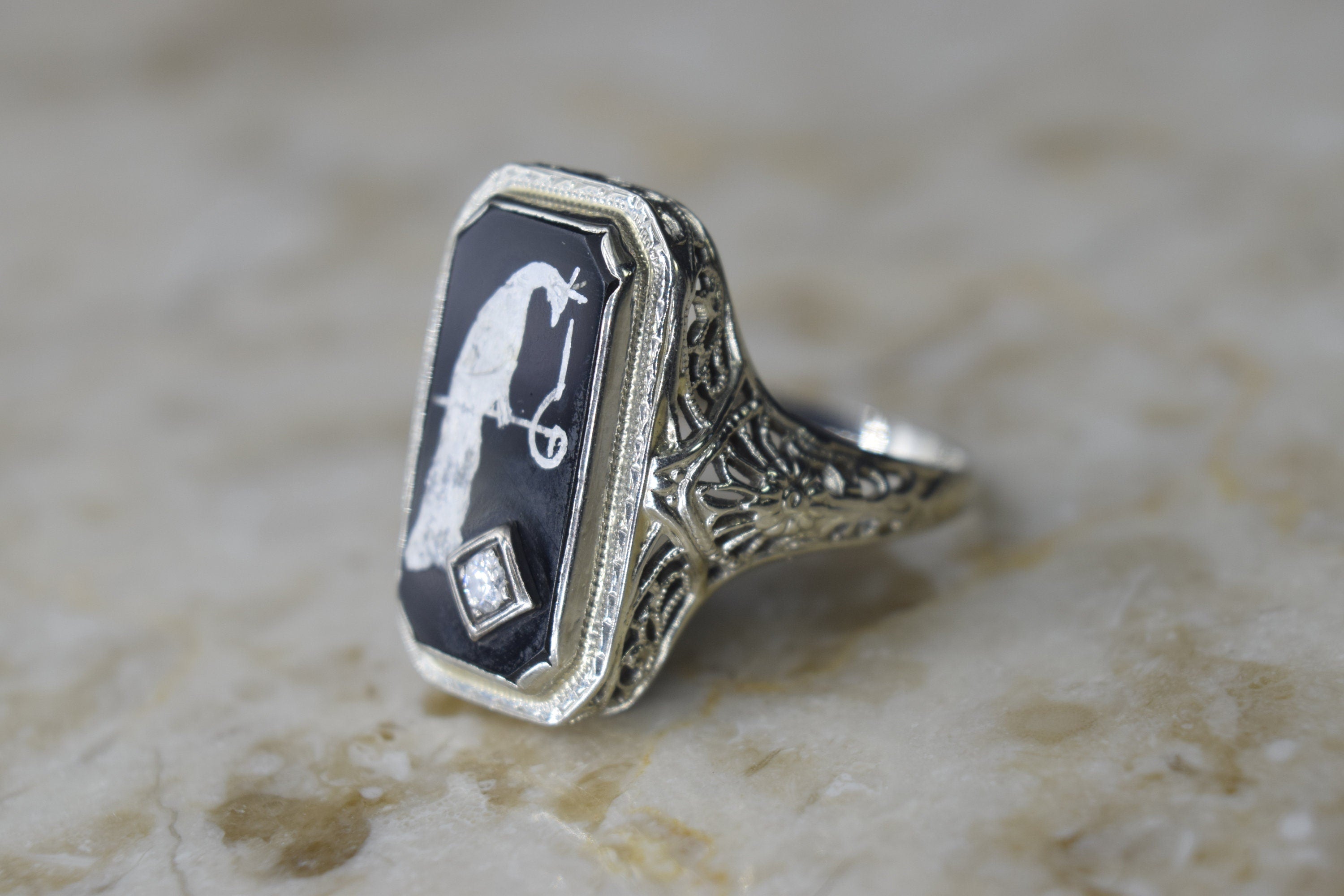Antique Art Deco Peacock Ring 14k White Gold with Diamond
