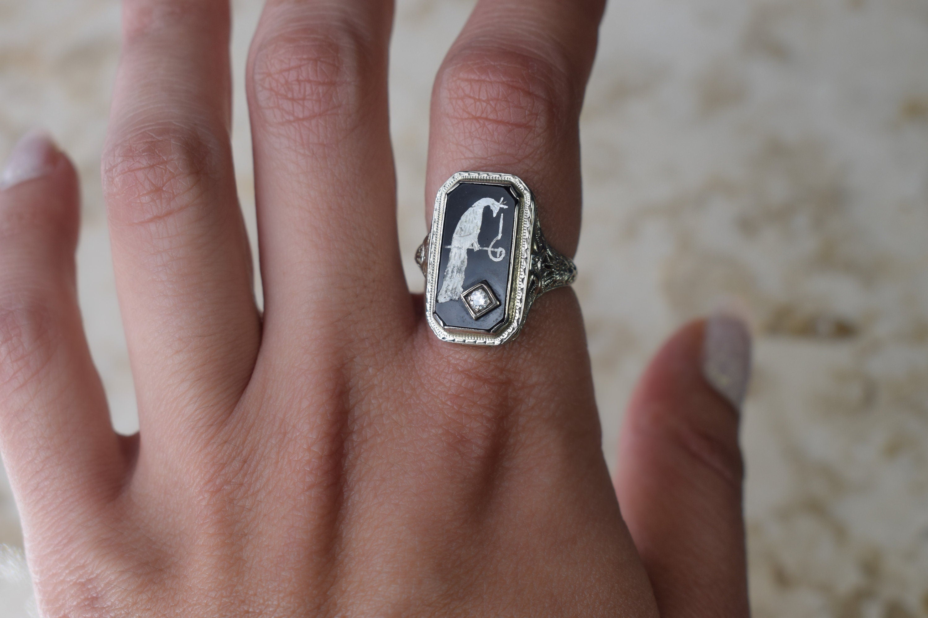 Antique Art Deco Peacock Ring 14k White Gold with Diamond