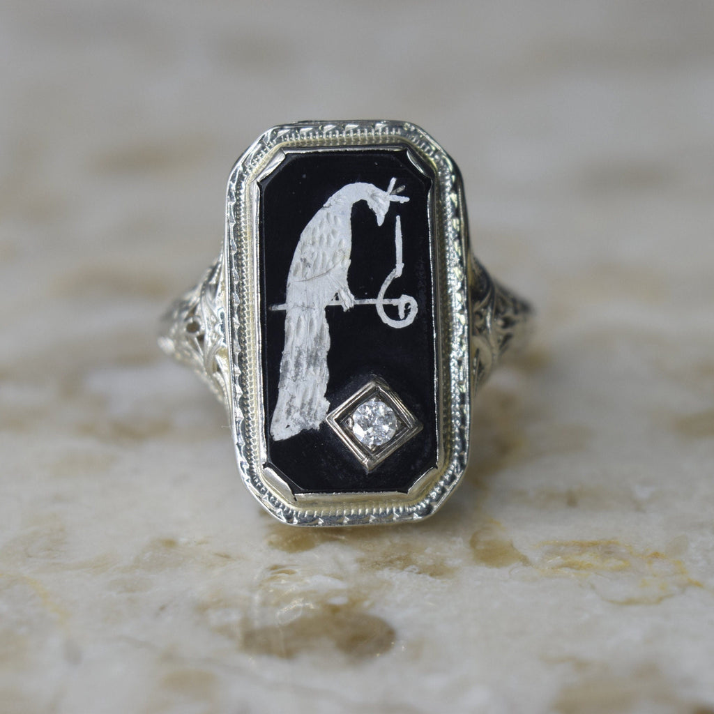 Antique Art Deco Peacock Ring 14k White Gold with Diamond