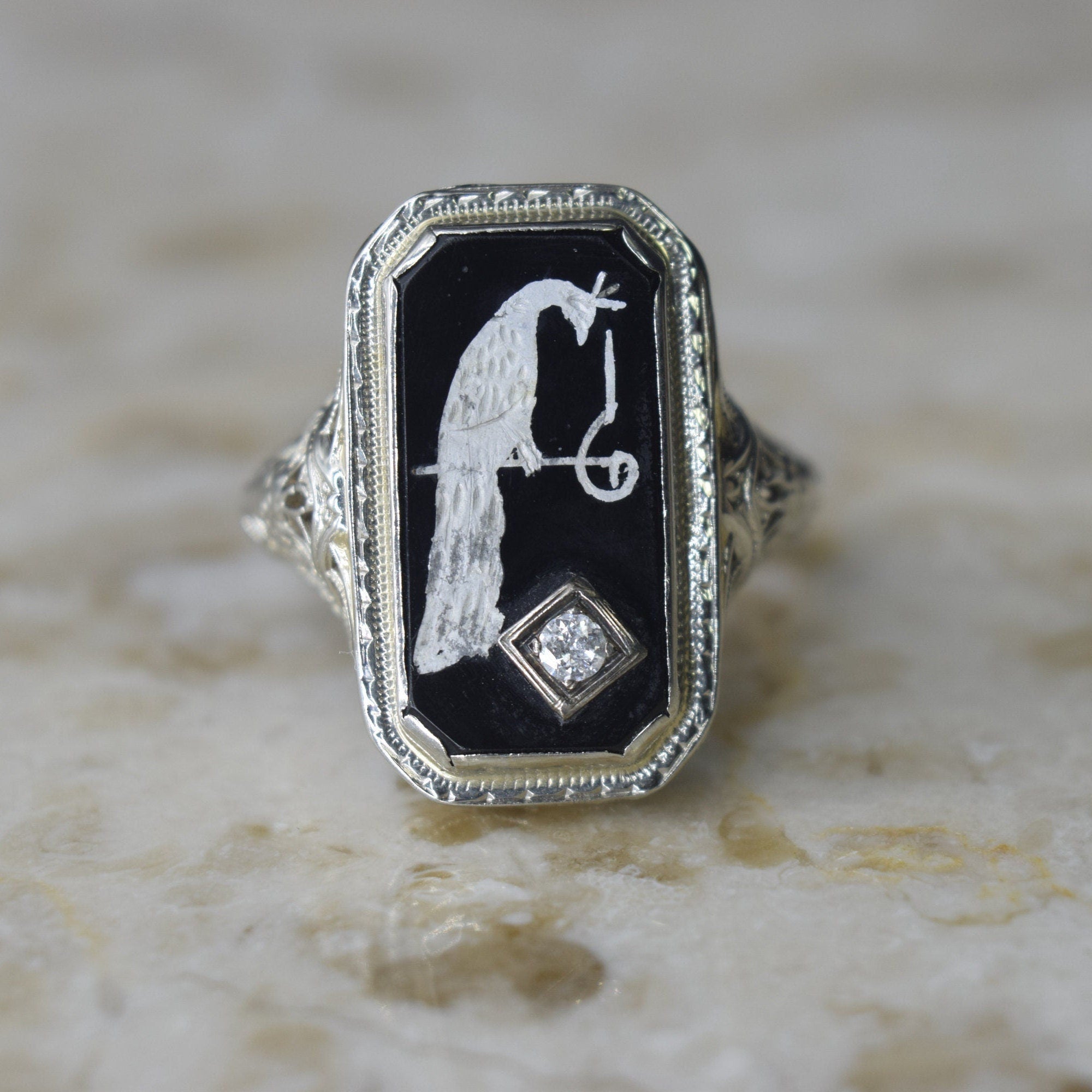 Antique Art Deco Peacock Ring 14k White Gold with Diamond