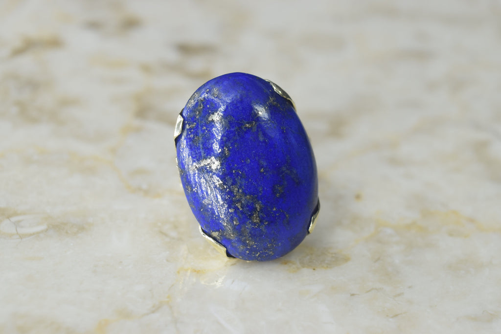 Vintage Big Lapis Lazuli Ring with 14k Gold Heart Setting