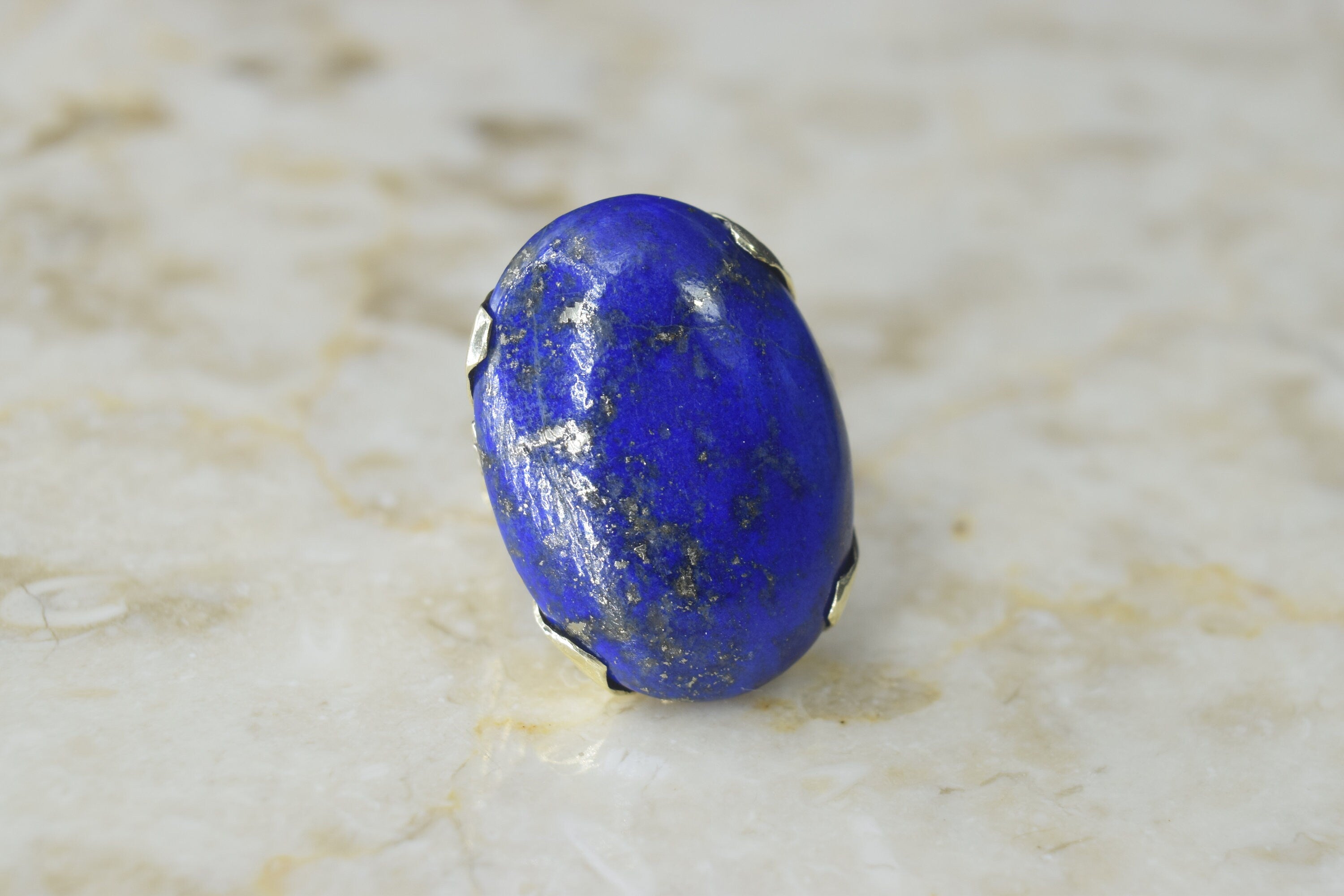 Vintage Big Lapis Lazuli Ring with 14k Gold Heart Setting