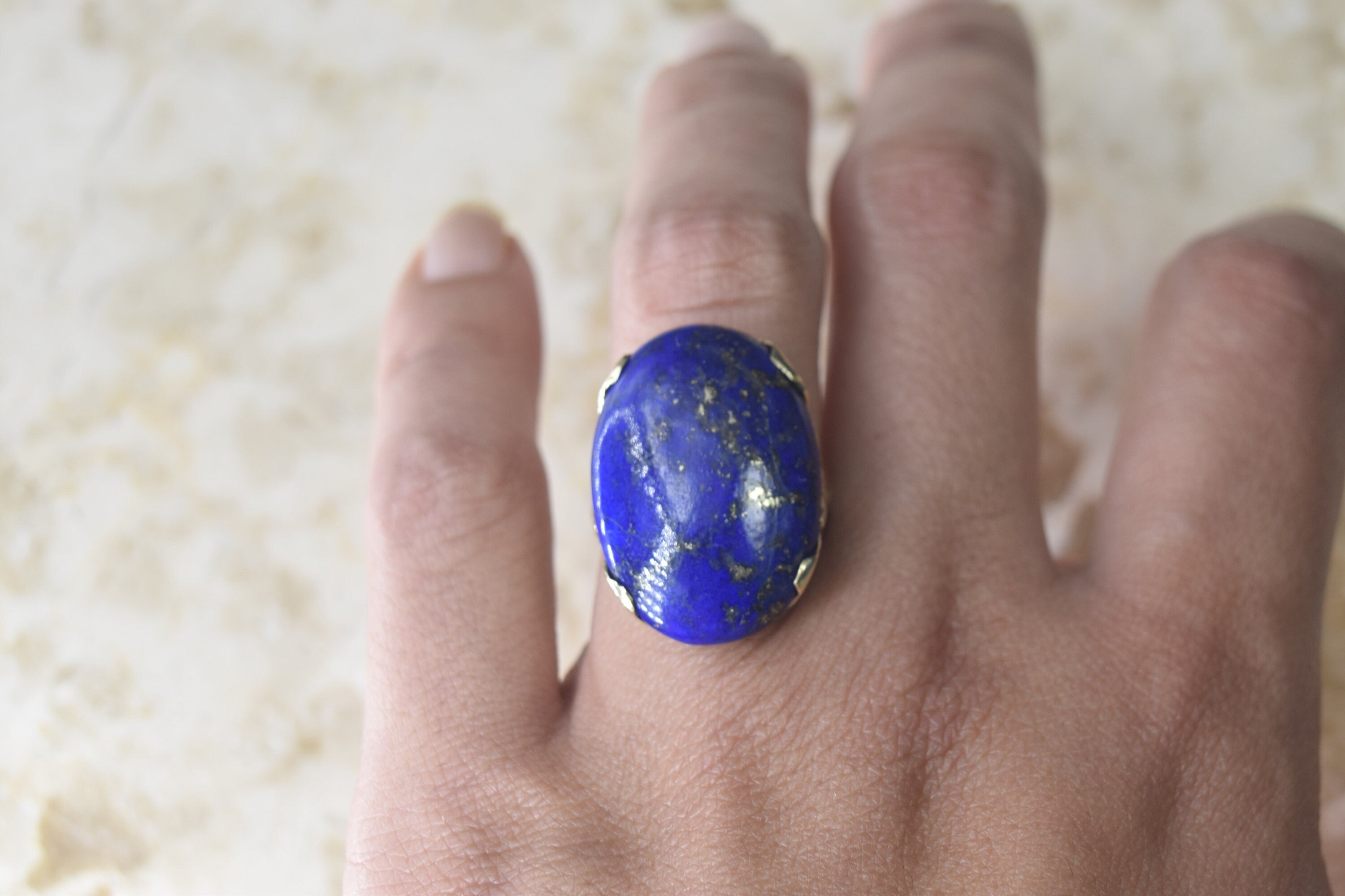 Vintage Big Lapis Lazuli Ring with 14k Gold Heart Setting