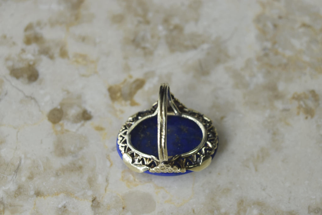 Vintage Big Lapis Lazuli Ring with 14k Gold Heart Setting