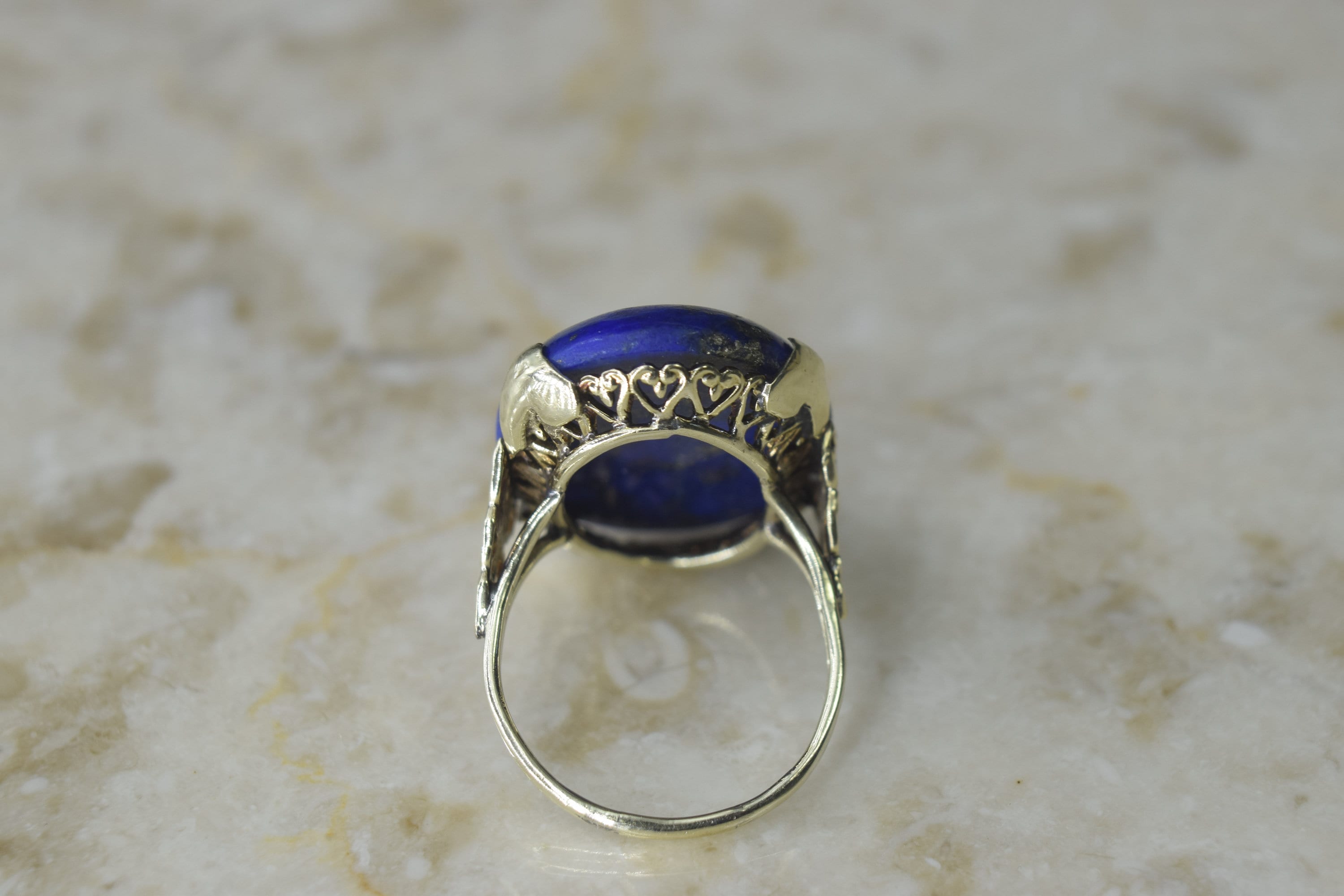 Vintage Big Lapis Lazuli Ring with 14k Gold Heart Setting