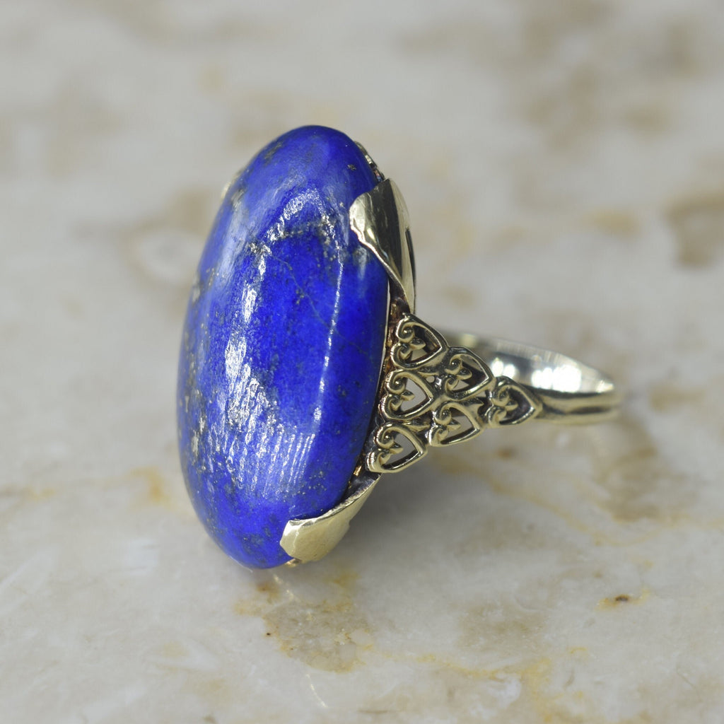 Vintage Big Lapis Lazuli Ring with 14k Gold Heart Setting