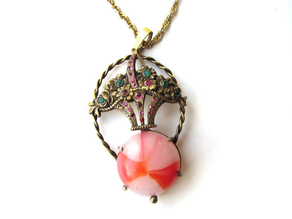SALE Antique Flower Basket Pendant With Art Glass And Rhinestones c.1920s